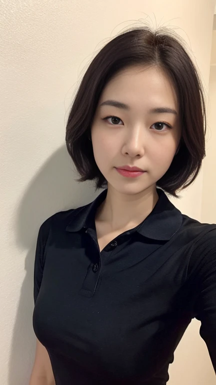 Highest quality,masterpiece,Ultra-high resolution,(Realistic:1.4),Beautiful lighting, (Highly detailed CG Unity 8k wallpaper), Beautiful face in every detail,Detailed clothing, 50mm portrait photography, No background、One Girl,Big black eyes, cute, young, stop temporarily, Facial Lighting, Physically Based Rendering,Written boundary depth , Black Hair, (short hair), ((Take from above)), Japanese women、20-year-old、Navy blue polo shirt、(Big Breasts)、(Upper Body)、Beautiful young (woman taking a selfie), Taken with iPhone camera、In front of a white wall