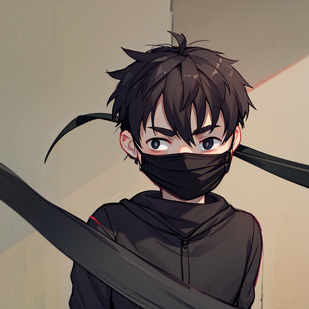 Young man, black hair, yeux noir, mask between nose and chin, Katana at the waist