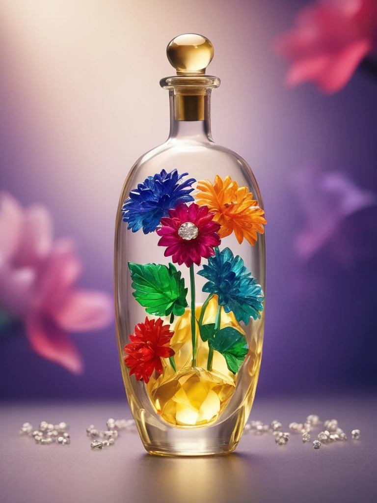 Image of, close,  FlowerMD_jewelry,Chinese_SP Style,Colorful dahlia with gemstones and diamonds in a bottle,  Gemstone Leaf, Golden ,Dynamic simple background, Faint Light, Front view ,movie 