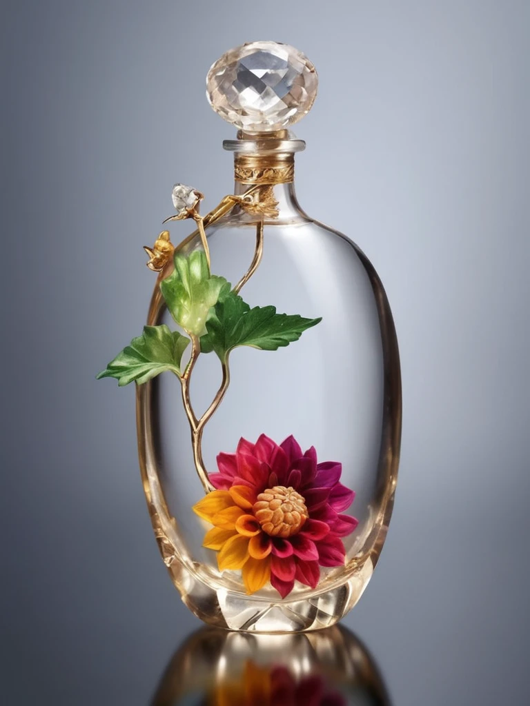 Image of, close,  FlowerMD_jewelry,Chinese_SP Style,Colorful dahlia with gemstones and diamonds in a bottle,  Gemstone Leaf, Golden ,Dynamic simple background, Faint Light, Front view ,movie 