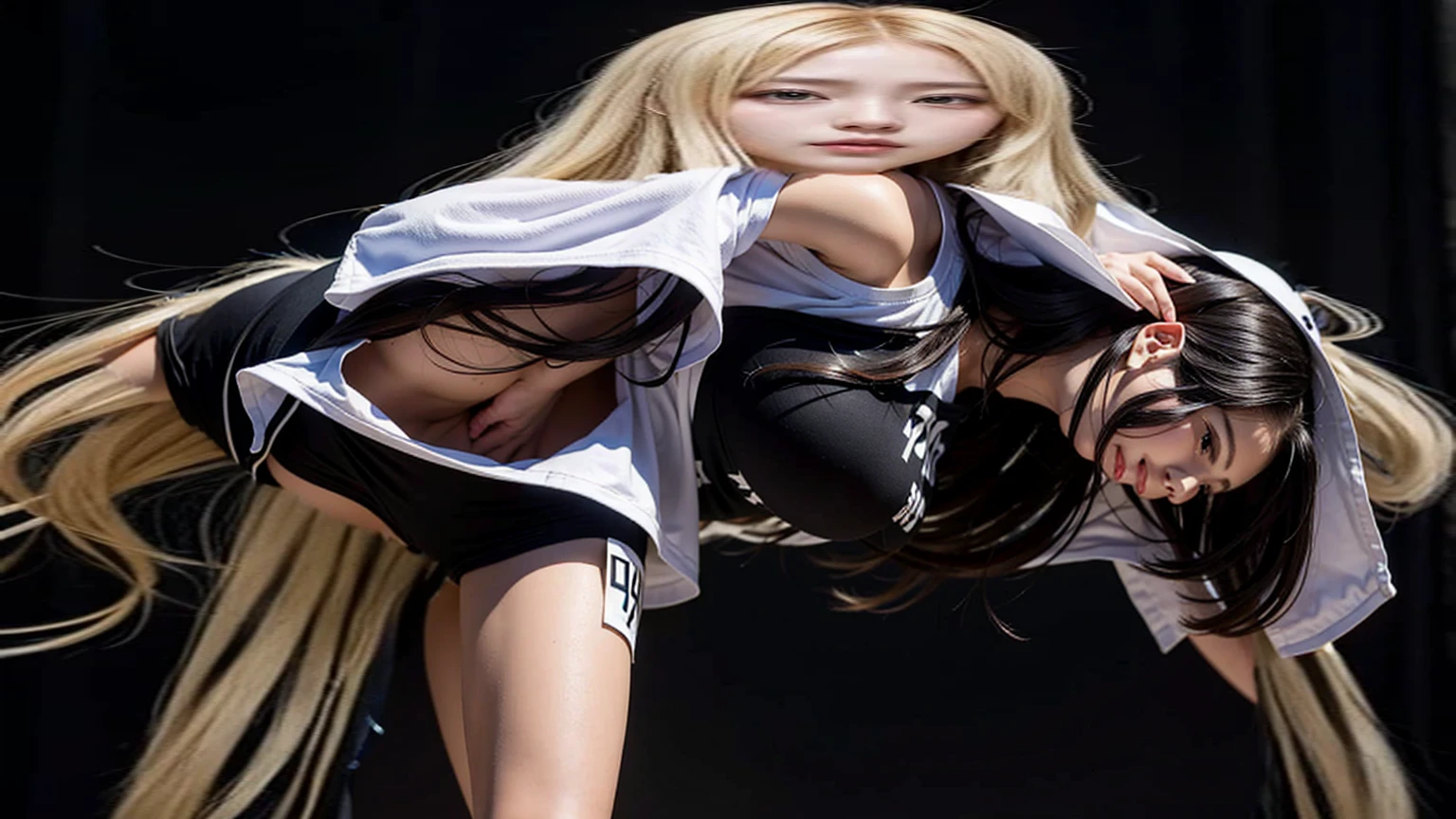 A woman taking a photo wearing an oversized white T-shirt, Gym pants that are barely visible, Large Breasts, Wearing her boyfriend's clothes, Loungewear, Sloppy, Wrinkles in clothes, Blonde Goddess, Anime Cosplay, Anime characters; Full Body Art,