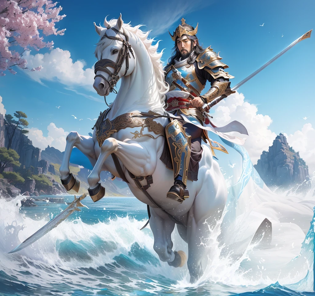 A man is riding a horse in the water,Sword in hand, zhao yun, CG Artist, Pan Chengwei on artstation, guan yu, Horse Warrior, author:Yang J, g liulian art style, Queen of the Sea Mu Yanling, author:Li Song, hua cheng, liang xing, inspired by Fenghua Zhong, author:Chen Zhou