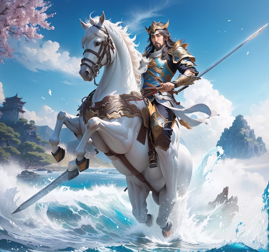A man is riding a horse in the water,Sword in hand, zhao yun, CG Artist, Pan Chengwei on artstation, guan yu, Horse Warrior, author:Yang J, g liulian art style, Queen of the Sea Mu Yanling, author:Li Song, hua cheng, liang xing, inspired by Fenghua Zhong, author:Chen Zhou