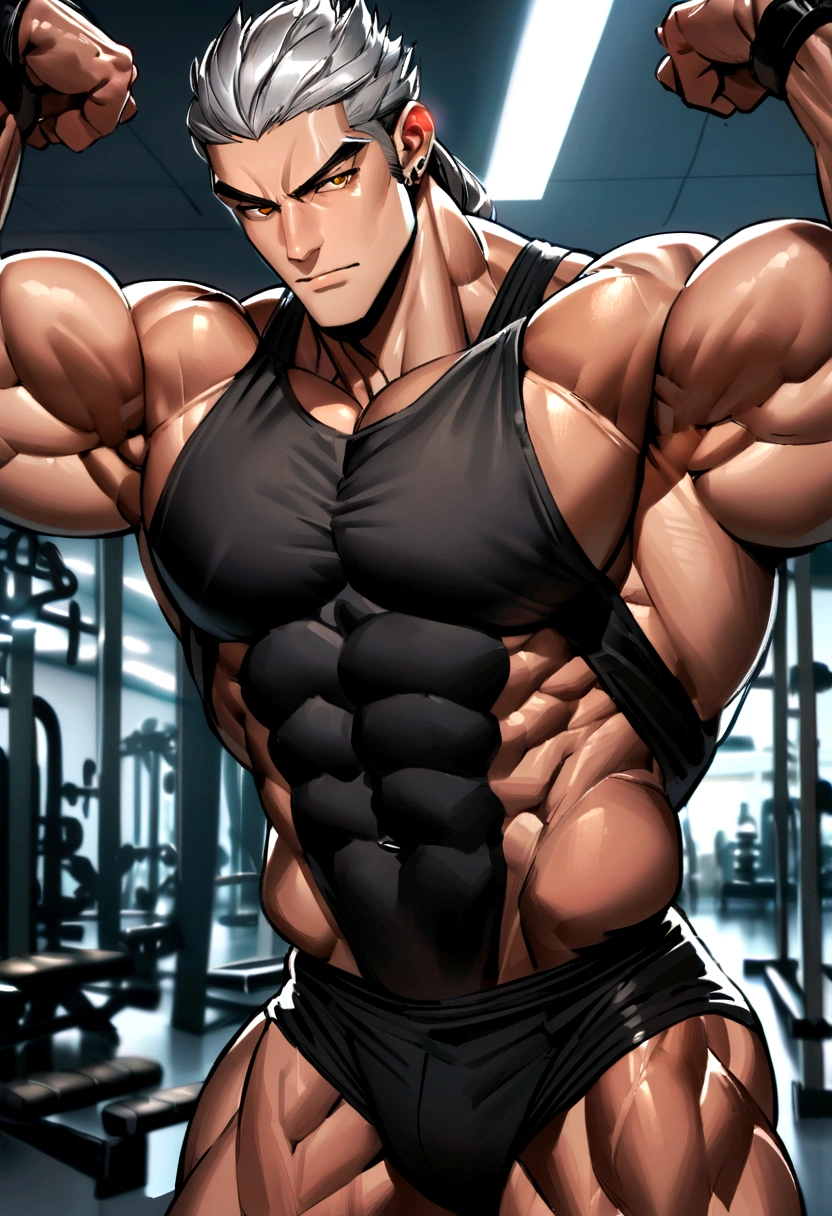 Hanzo Overwatch working out in a bodybuilding gym, well-defined muscles, focus in muscles, detailed biceps and triceps, cabelo perfeito, rosto perfeito, perfect hands, dedos perfeitos