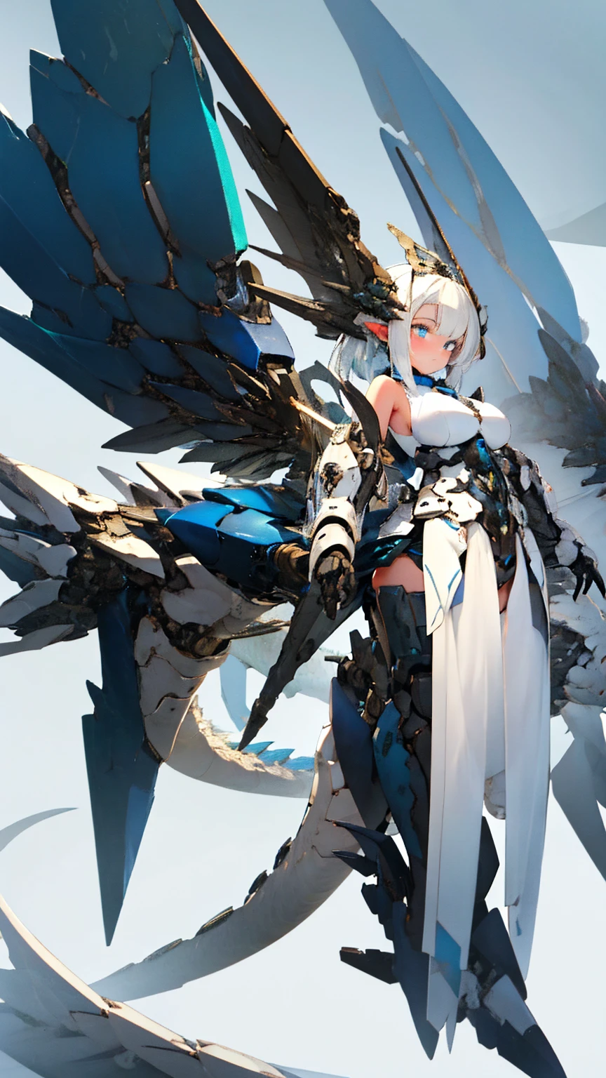 White hair, blue eyes, Celestial dragon, black horn, gigantic white and blue dragon wing