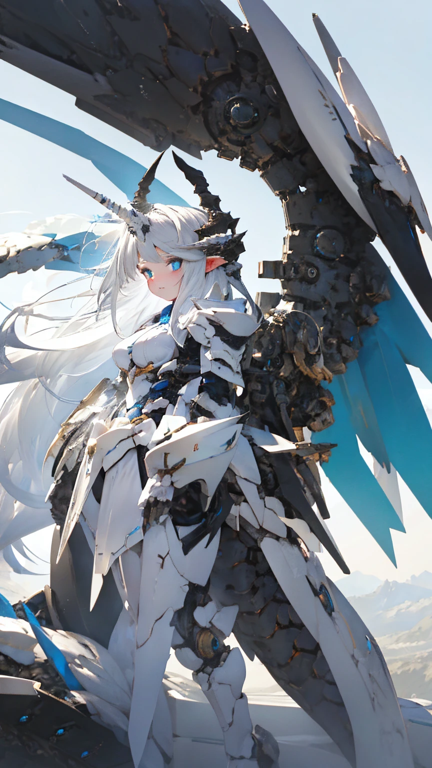 White hair, blue eyes, Celestial dragon, black horn, gigantic white and blue dragon wing