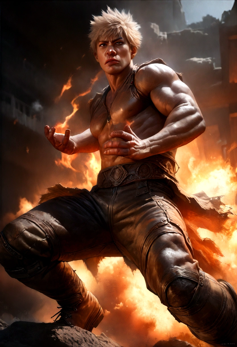 Bakugo from my hero academia, full body, explosion, angry face, 1boy, muscular, detailed facial features, detailed eyes, detailed nose, detailed lips, detailed expression, dynamic pose, explosion effects, fire, smoke, dynamic lighting, cinematic lighting, cinematic composition, dramatic colors, intense colors, saturated colors, (best quality,4k,8k,highres,masterpiece:1.2),ultra-detailed,(realistic,photorealistic,photo-realistic:1.37),concept art