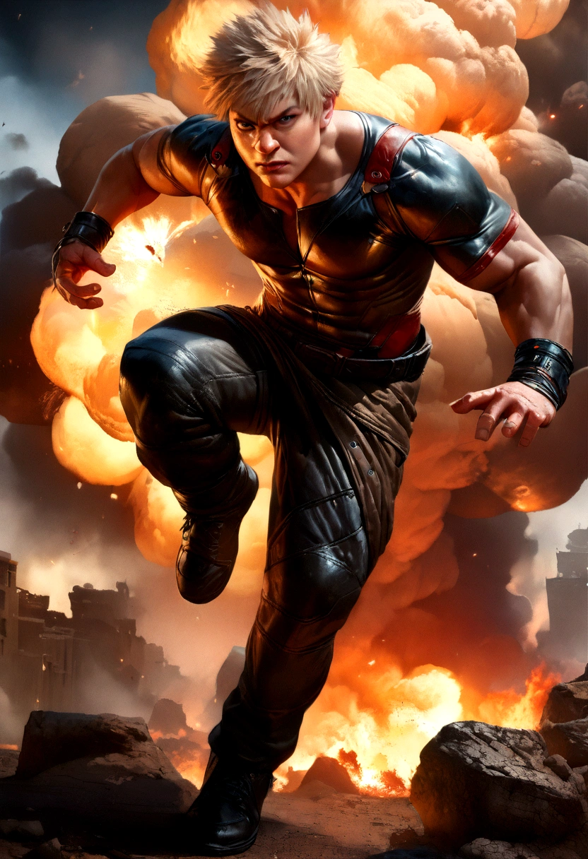 Bakugo from my hero academia, full body, explosion, angry face, 1boy, muscular, detailed facial features, detailed eyes, detailed nose, detailed lips, detailed expression, dynamic pose, explosion effects, fire, smoke, dynamic lighting, cinematic lighting, cinematic composition, dramatic colors, intense colors, saturated colors, (best quality,4k,8k,highres,masterpiece:1.2),ultra-detailed,(realistic,photorealistic,photo-realistic:1.37),concept art