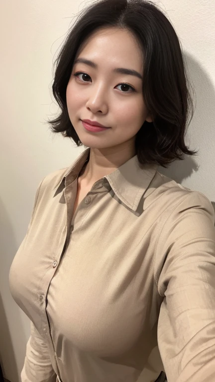 high quality,masterpiece,Ultra-high resolution,(Realistic:1.4),Beautiful lighting, (Highly detailed CG Unity 8k wallpaper), Beautiful face in every detail,Detailed clothing, 50mm portrait photography, No background、One Girl,Big black eyes, cute, young, stop temporarily, Facial Lighting, Physically Based Rendering,Written boundary depth , Black Hair, (short hair), ((Take from above)), Japanese women、20-year-old、(Beige long sleeve shirt)、(Big Breasts)、(Upper Body)、Beautiful young woman taking a selfie, Taken with iPhone camera、In front of a white wall、Selfie