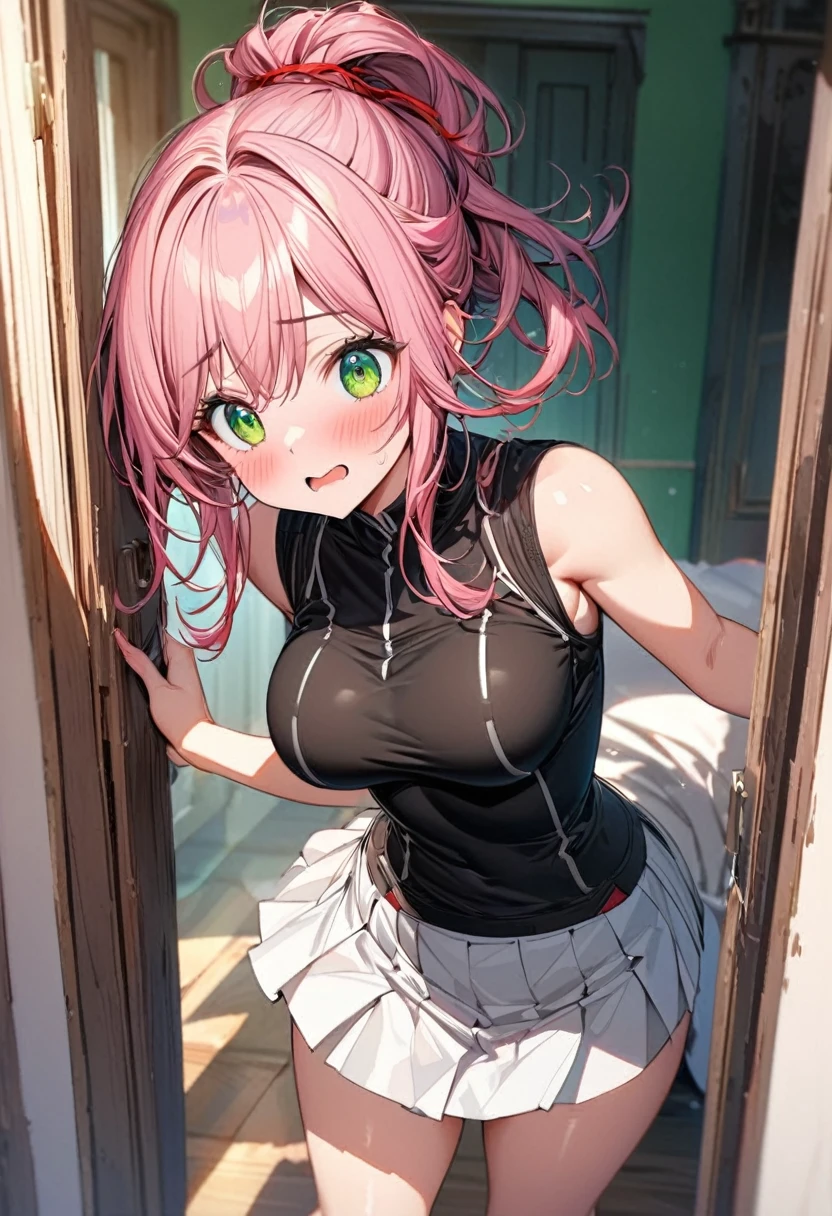The image is of a beautiful woman wearing a tight fitting black button-up shirt with a short pleated black and white skirt. The outfit is black with white accents. The woman has long flowing pink hair with strands of braided hair tied with red ribbon throughout. She has gorgeous green eyes that shine like emeralds. Her face is youthful and gorgeous. Her breasts are ample and seem too large for her tight fitting black uniform top. She is short in height but well developed -a short stack. She blushes as you look at her. She's standing in the doorframe to your bedroom. Slightly embarrassed and nervous but also excited to be with you. The image is ultra detailed with gorgeous colors, perfect line work, and detailed shading.