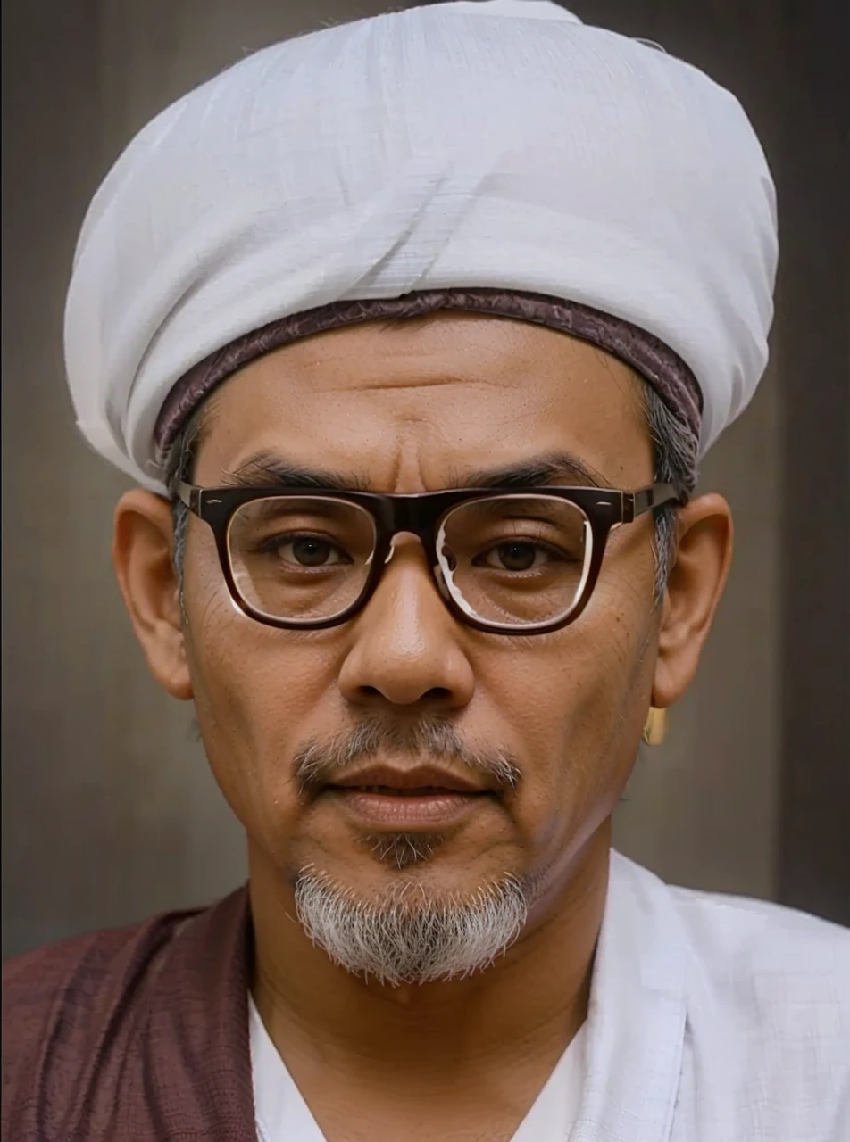 Indonesian man, aged 40 years or over, wearing a white turban, thick transparent glasses, robe and a piece of cloth on his right shoulder. Brown skin HD realistic images