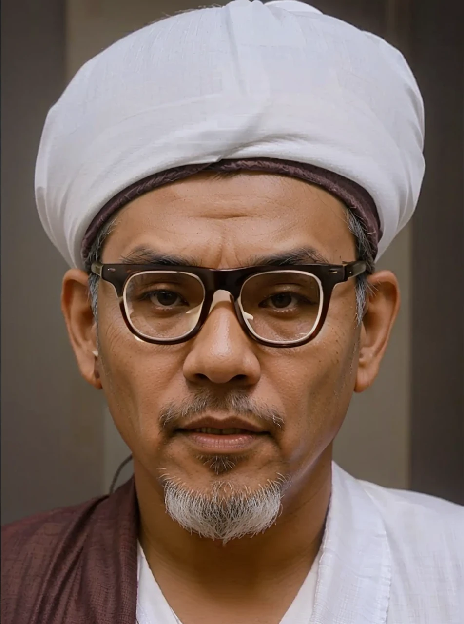 Indonesian man, aged 40 years or over, wearing a white turban, thick transparent glasses, robe and a piece of cloth on his right shoulder. Brown skin HD realistic images