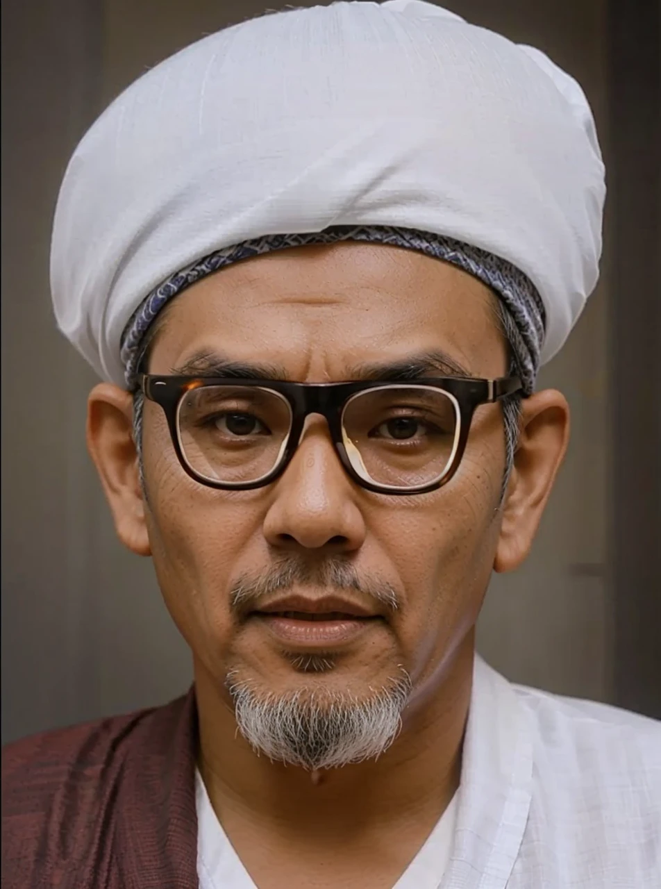 Indonesian man, aged 40 years or over, wearing a white turban, thick transparent glasses, robe and a piece of cloth on his right shoulder. Brown skin HD realistic images