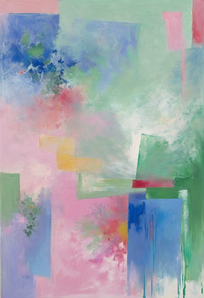 抒情abstract, pink、blue and green mist, 略显abstract, 灵感来自汉斯·Hoffman, abstract现实主义, abstract, abstract丙烯画, abstract技巧, abstract印象派, With this picture carrier,Generate an image with a certain artist(matisse、Hoffman,Cézanne,Chagall,miro)Works in five artist styles,Fusion of five artistic styles,The picture has a certain contemporary quality,Contains contrasting colors,Complementary colors,Adjacent colors,Area comparison,Chiaroscuro,A work with a strong sense of space。Fully reflects the styles and integration of the five artists,Add some details。