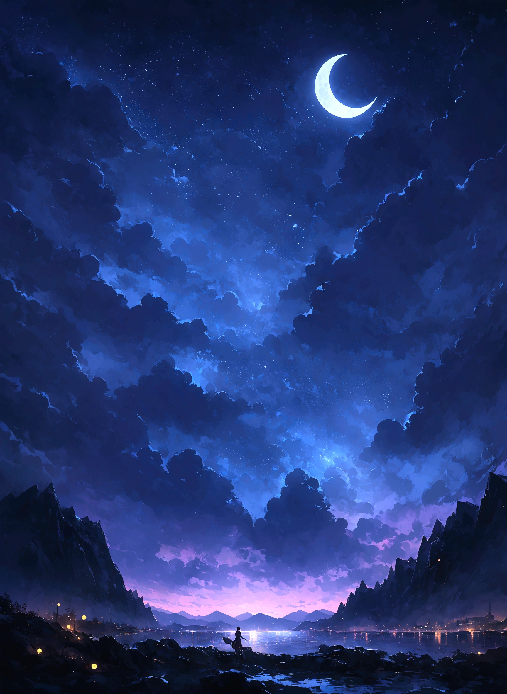 A new moon appeared in the sky,Clouds and mountains in the background, Muggur, flickr, letter, Moonlit Night dreamy atmosphere, Beautiful moonlight night, Moonlit Night sky, Beautiful moonlight, Moonlight Background, Beautiful moonlight, Moonlit Night, crescent moon in background, Moonlit Nightscape, There is a big fish crabapple in the moonlit night sky