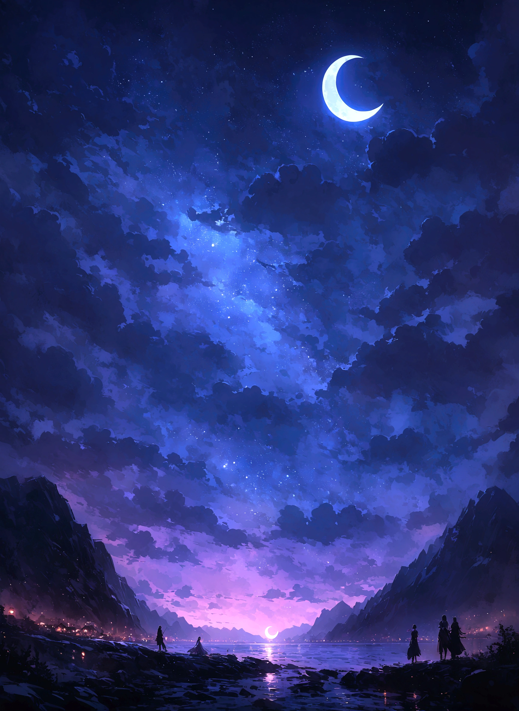 A new moon appeared in the sky,Clouds and mountains in the background, Muggur, flickr, letter, Moonlit Night dreamy atmosphere, Beautiful moonlight night, Moonlit Night sky, Beautiful moonlight, Moonlight Background, Beautiful moonlight, Moonlit Night, crescent moon in background, Moonlit Nightscape, There is a big fish crabapple in the moonlit night sky