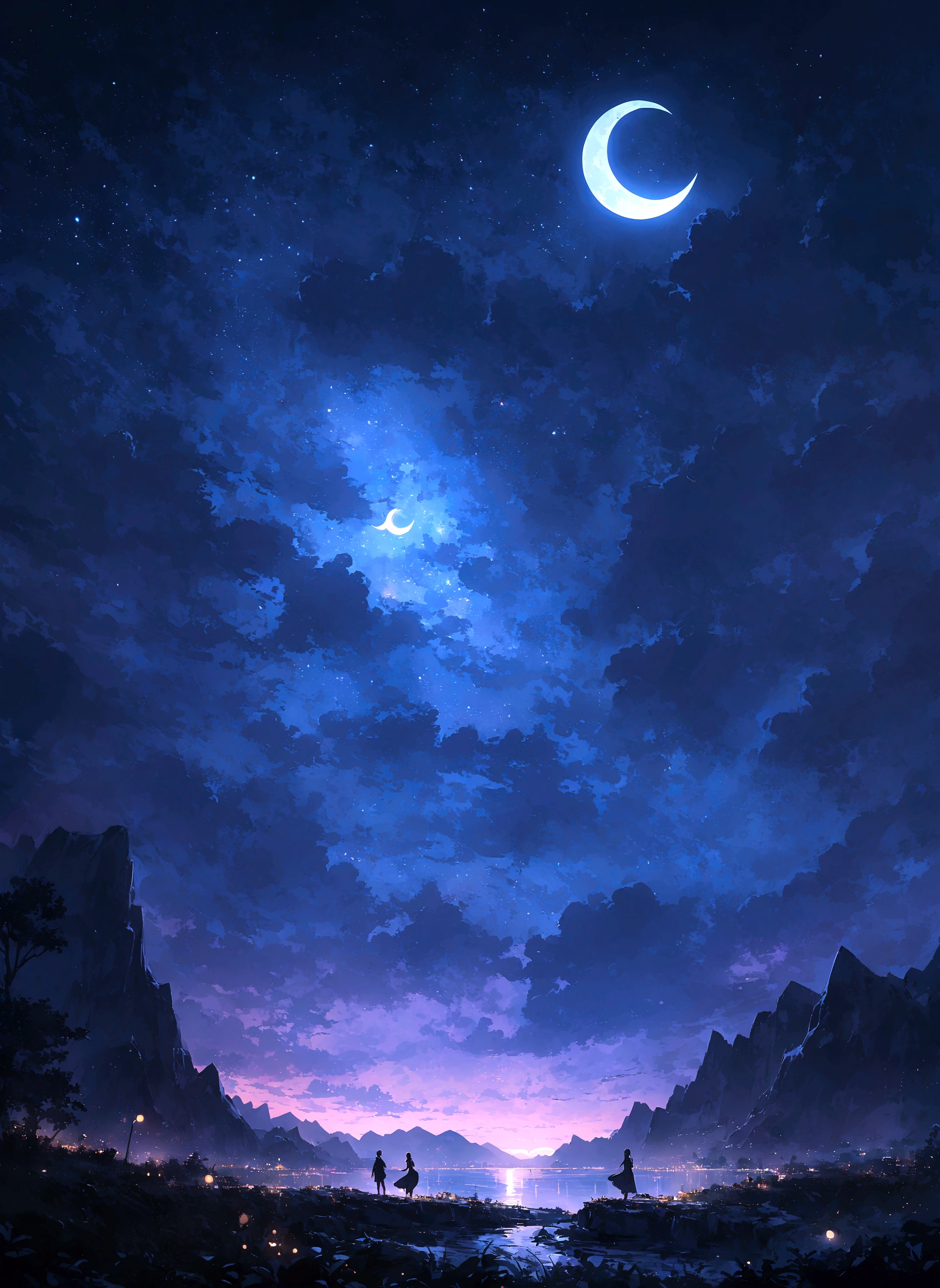 A new moon appeared in the sky，Clouds and mountains in the background, Muggur, flickr, letter, Moonlit Night dreamy atmosphere, Beautiful moonlight night, Moonlit Night sky, Beautiful moonlight, Moonlight Background, Beautiful moonlight, Moonlit Night, crescent moon in background, Moonlit Nightscape, There is a big fish crabapple in the moonlit night sky