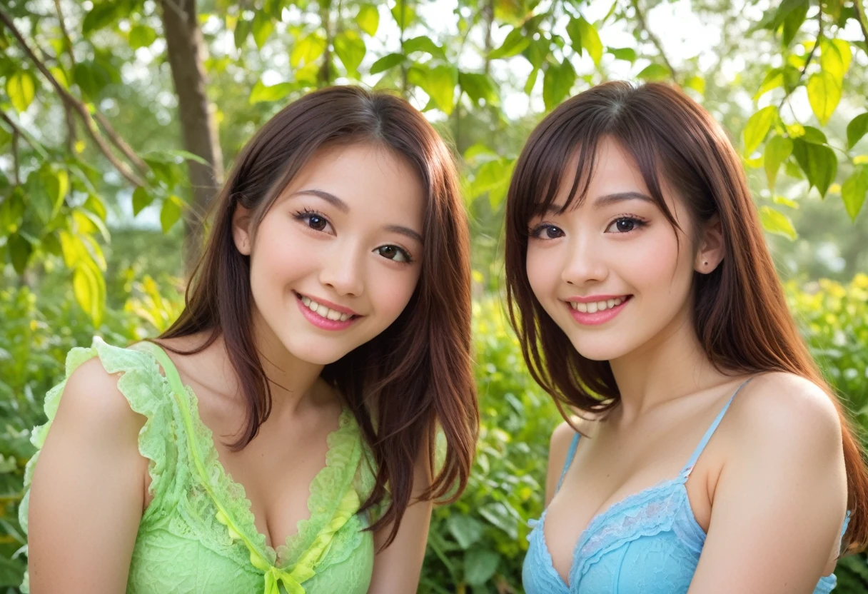 nsfw,multiple cute Asian Beauties  laughing happily in a park outdoors,1girl,2girls,beautiful detailed eyes,beautiful detailed lips,extremely detailed eyes and face,longeyelashes,smiling,happy,joyful,bright colorful,vibrant colors,warm lighting,detailed environment,lush greenery,beautiful scenery,photorealistic,hyperrealistic,8k,high resolution,intricate details ,