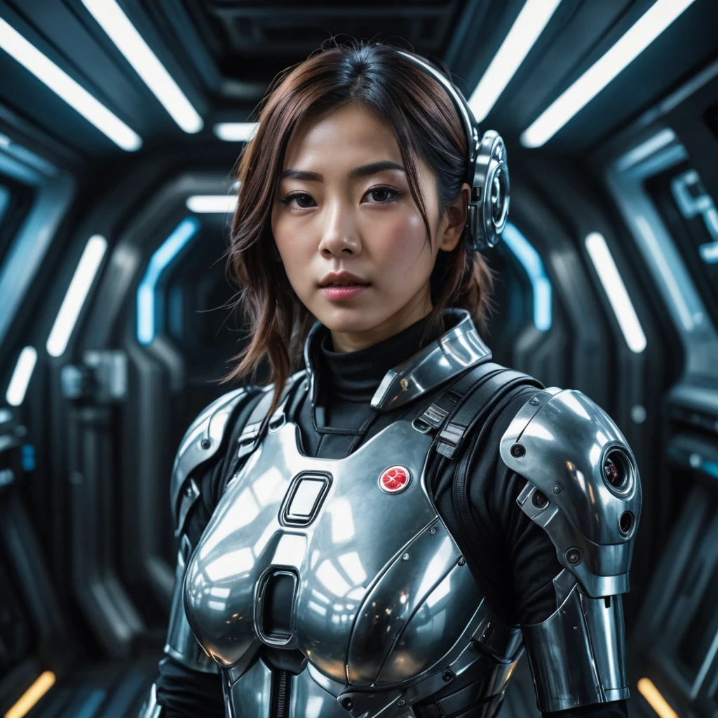 In a destroyed future city，Medium shot of sexy female robot wearing scratched and tarnished futuristic armor, fanciful, sci-fy, Beautiful female face, Tempting, sexuell, thin fog, Vivid and captivating eyes, dramatics, the best quality masterpiece, realisticlying, Detailed pubic hair, 8K, HighDynamicRange, shallowdepthoffield, 电影灯光, full bloom, light shining, color difference, Focus sharp