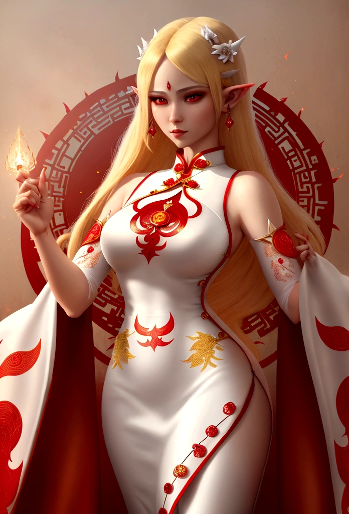 high details, best quality, 16k, [ultra detailed], masterpiece, best quality, (extremely detailed), full body, ultra wide shot, photorealistic, fantasy art, dnd art, rpg art, realistic art, an ultra wide picture of a female elf (intricate details, wearing fiery (white Cheongsam studded with red diamonds: 1.5), Masterpiece, best quality: 1.5) goddess of fire ((fiery radiant aura)), controlling a swirling red fire, fiery red radiant magic (1.5 intricate details, Masterpiece, best quality), manipulating purple radiant magical symbols, [[divine symbols]] (intricate details, Masterpiece, best quality: 1.5), elf female, (blond hair: 1.3), long hair, hair with aura, with red radiant eyes, intense eyes, ((radiant eyes)), (( red glowing eyes)), she wears Cheongsam with fiery patterns,  the fire leaps from the Cheongsam, fantasy volcano back ground, streams of lava, celestial background, ((divine worship atmosphere)), high details, best quality, highres, ultra wide angle, faize, diam0nd