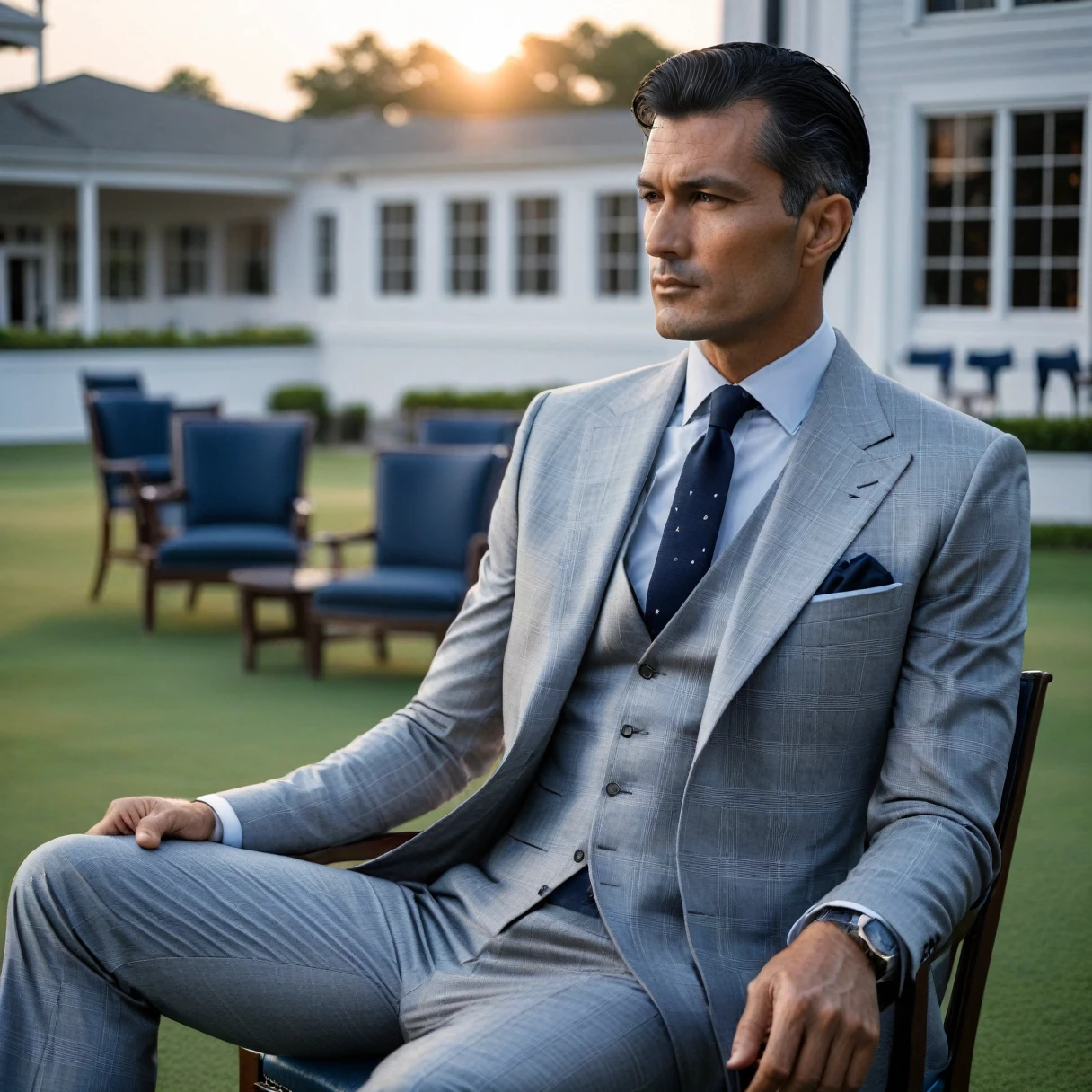 photorealistic, cinematic, raw photo, low angle shot, man, mature, black hair, short side part hairstyle, clean shaven, tall, thin, scar on cheek, wearing light grey checked three-piece suit, white shirt, navy bluen necktie, sits on chair outside country club , sunrise