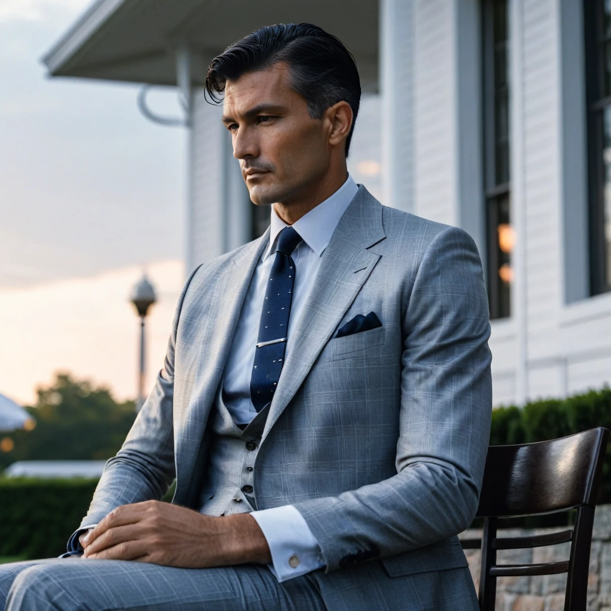 photorealistic, cinematic, raw photo, low angle shot, man, mature, black hair, short side part hairstyle, clean shaven, tall, thin, scar on cheek, wearing light grey checked three-piece suit, white shirt, navy bluen necktie, sits on chair outside country club , sunrise