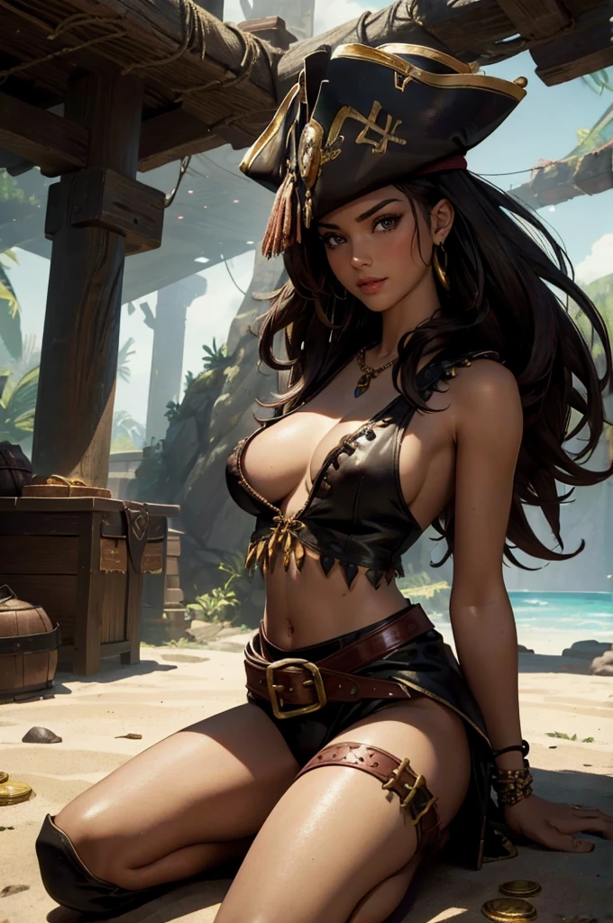 Beautiful Alluring Female pirate queen, Bare oily Skin, Athletic tan skin, Well Toned Body, open vest, frilly revealing white shirt, pirate pants, leather belt, long brunette hair, cleavage, Barely Clothed, inside a cave filled with gold coins and pirate treasure, sitting on top of a treasure pile, pirate theme Theme, nautical theme, Beautiful D&D Character Portrait, Beautiful Face, Ominous, Dark Fantasy, Fiverr Dnd Character, Octane Render, Digital Art, Extreme Detail, 4k, Ultra Hd, Polished, Beautiful, Hyperdetailed, Intricate, Elaborate, Meticulous, Photorealistic, Sharp Focus, Wlop, Character Design, Unreal Engine, 3d Rendered, Volumetric Lighting, Reflections, Glossy, Digital Illustration, Pose, Suggestive Pose, Full Body Shot, exposed breasts, small perky breasts, visible nipples, pierced nipples, nipple gold rings, 💖❤💕💋❣