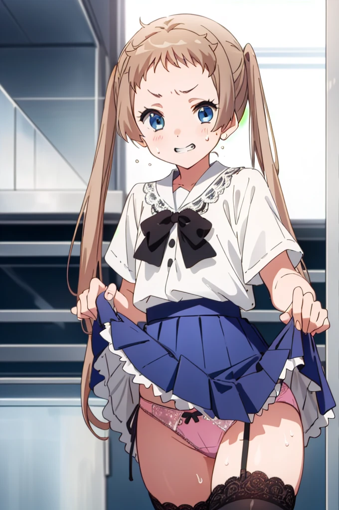 (masterpiece, best quality), intricate details,
1girl, sanae dekomori, grin, looking viewer,(Sweating),(((lift skirt,lace panties))),flat chest,black thighhighs