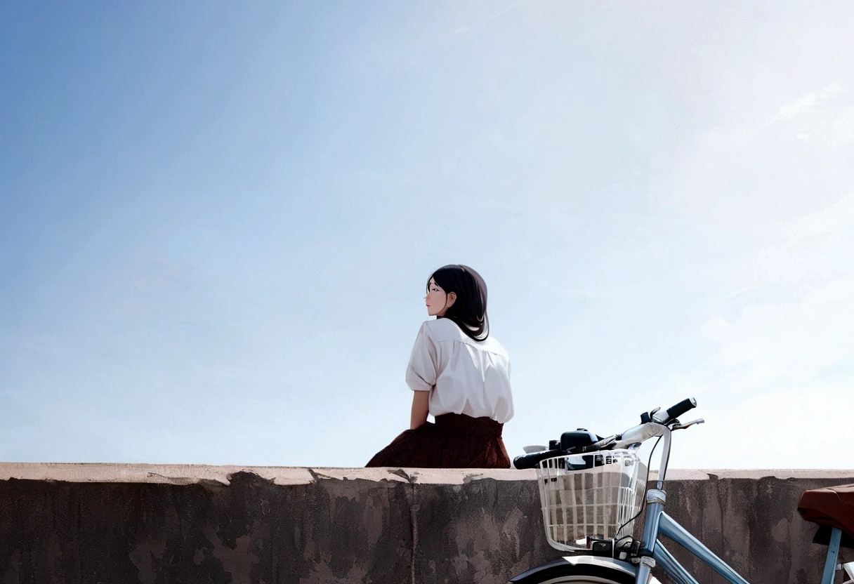 Arabian woman sitting on a wall with her bike and basket, girl sitting on a rooftop, Portrait of a Japan ager, Looking into the distance, Taken with a Sony A3 camera, Looking into the distance, 10th generation women , Turning away from the camera, medium wide shot, Panoramic view of the girl, Look up at the sky, Looking away from the camera