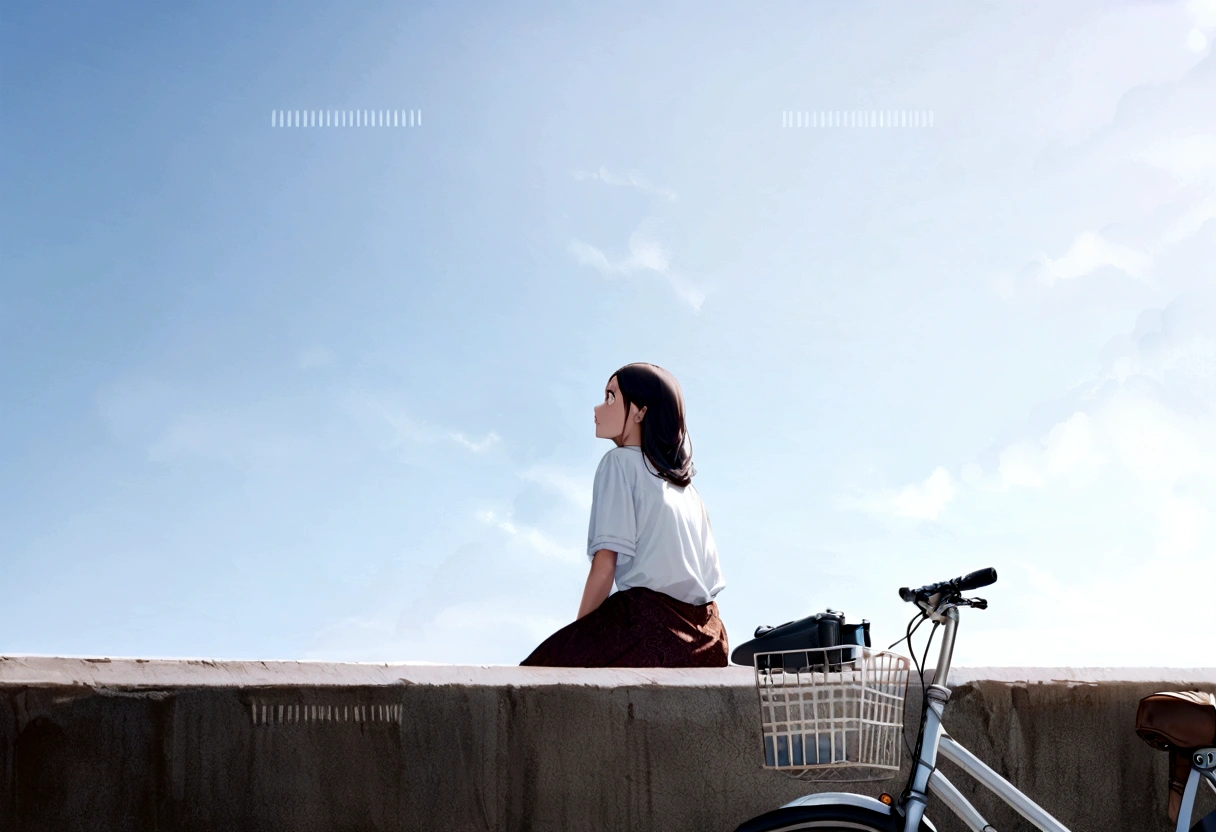 Arabian woman sitting on a wall with her bike and basket, girl sitting on a rooftop, Portrait of a Japan teenager, Looking into the distance, Taken with a Sony A3 camera, Looking into the distance, 10th generation women , Turning away from the camera, medium wide shot, Panoramic view of the girl, Look up at the sky, Looking away from the camera