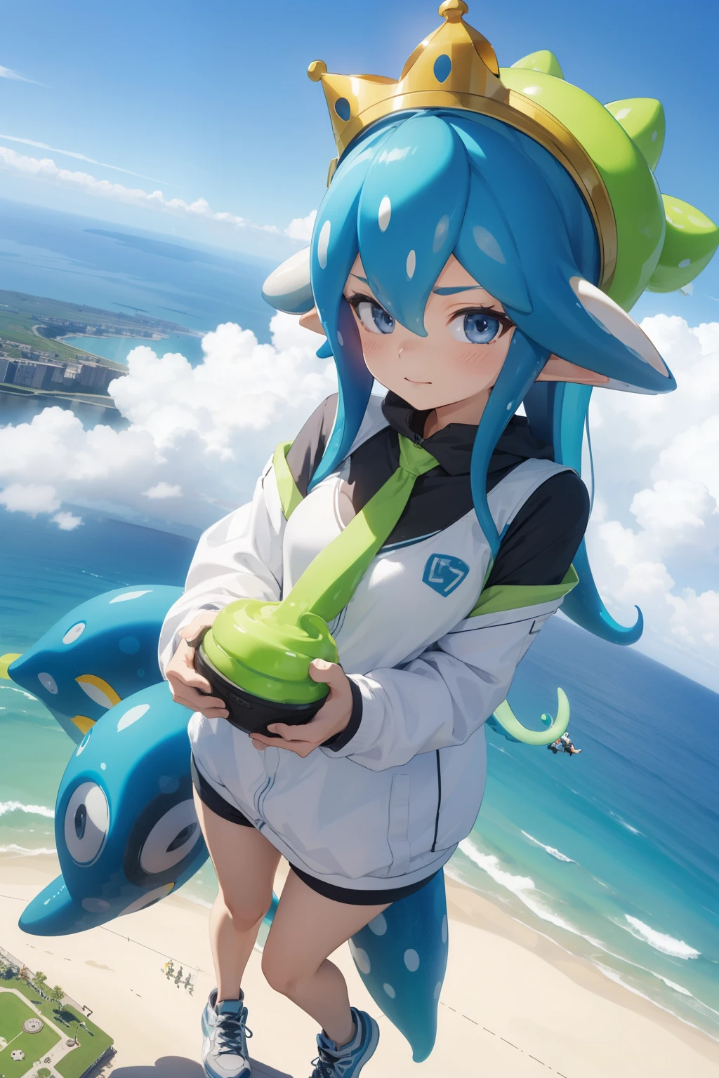 aerial photograph,From above、(Giant Splatoon Girl)、20,000 Foot Tall Girl,Weight: 1000kg,Waist-length tentacle hair,Gradient colored tentacle hair,Crown,She's wearing cute white sandals,White punk gloves,Lace Pantyhose,Pantyhose decorated with ribbons and stars,Micro Mini Skirt、黑色蕾丝whole body,Standing tall in a small town,In a miniature town、Beautiful appearance,Beautiful Face、A slightly thinner face、Golden Eyes、gigantic breast、Cleavage、Exquisite makeup,quality,8K,高quality,Perfect Proportions, Cinema Lighting,Film Grain,Colors of Fuji,8K,Textured skin,Super Detail,High detail,High resolution,smile,blush、whole body,slender,feather、Real Anime、3d、