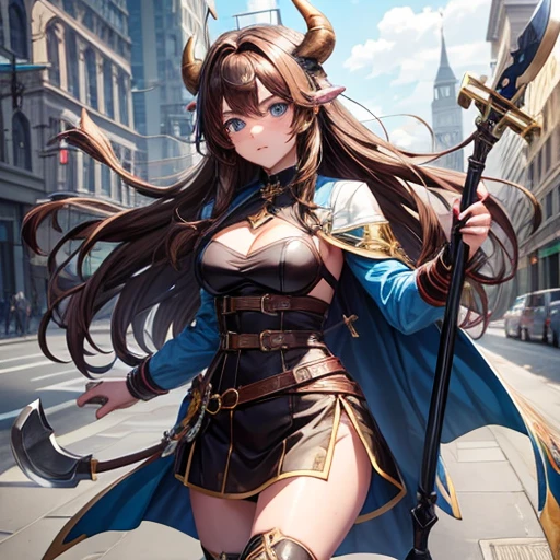 Brown Haired Minotaur Beautiful boy with blue eyes Cow horn No cow ears Have a battle axe Long Hair crossdresser Wearing a jacket