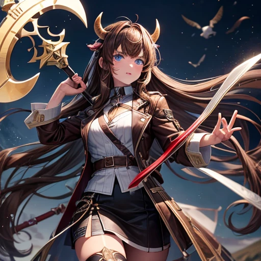Brown Haired Minotaur Beautiful boy with blue eyes Cow horn No cow ears Have a battle axe Long Hair crossdresser Wearing a jacket