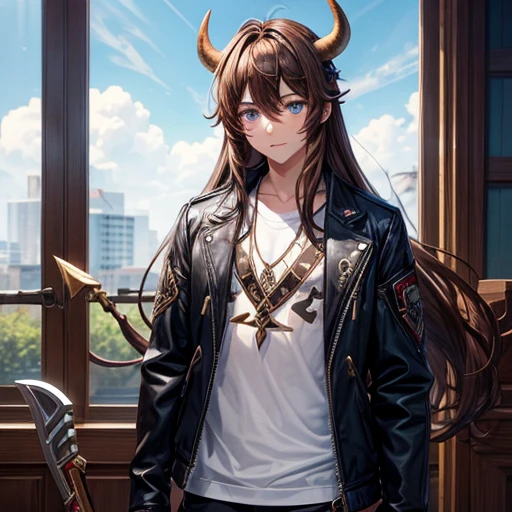 Brown Haired Minotaur Beautiful boy with blue eyes Cow horn No cow ears Have a battle axe Long Hair crossdresser Wearing a jacket