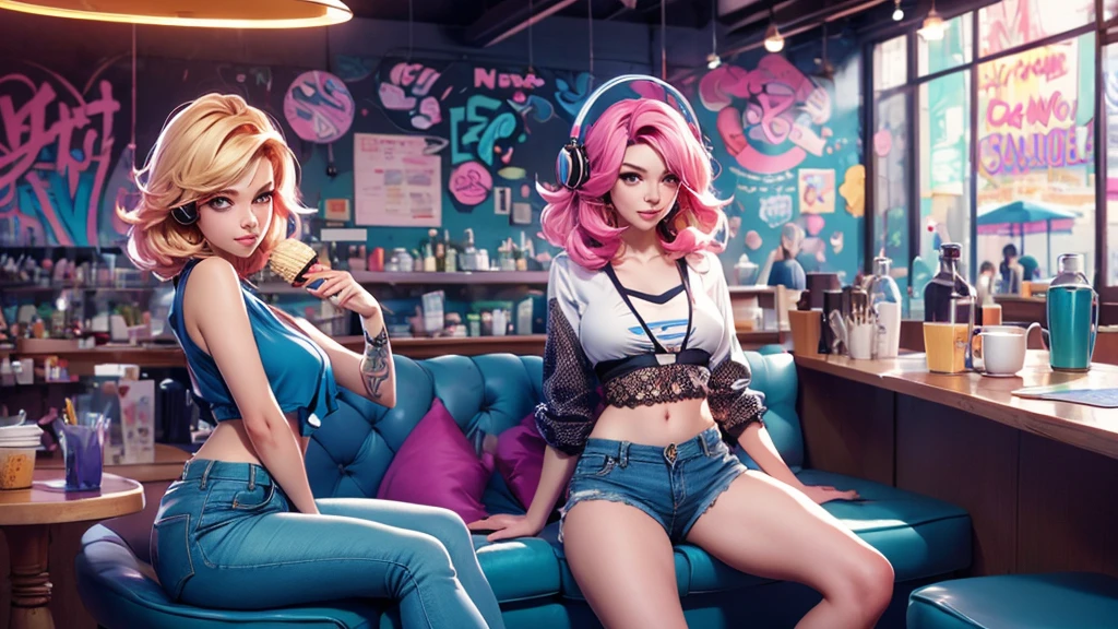 A woman with pink hair and with headphones on and blue shorts posing in front of flowers, Background, In chic boho style, in a café, Ice cream print, multi-colored neon lights, neon garlands, Pink lavender mint hair, mixed-language_SMS, Japanese graffiti, (beautiful and clear background:1.2),, fantastic paintings ,graffit style, olhos altamente detalhados , Underwear, lace, latex, blonde girl, Cat Print, tattoo, Loving, Love, ultra detailed hair, Masterpiece, Best Quality, hig quality, high-resolution, detail enhancement, ((most beautiful image in the world)), Masterpiece, Best Quality, hig quality, high-resolution, detail enhancement, ((most beautiful image ), Shiny pink degrade hair, ultra short fitted Stampa Flores, Rollers, tights in a mesh, Short denim shorts, art by stjepan sejic, art by j scott campbell, art by guillem march, art by citemer liu, 4k, high-resolution, comic book character, comic, high quality detailed, style of ::2.0 comix illustration style,tatoon style, hig quality, high-resolution, detail enhancement, 8K, HD, Best Quality, hig quality, high-resolution, detail enhancement, 8K, HDR, Sharp focus, Ultra Detailed, Perfect lighting, Curvy Body, Lush breasts, Curvy hips, beautiful wallpaper, high quality desktop wallpaper, background artwork, pc wallpaper, anime background, tropical beach paradise, wallpaper hd, 8K image quality, Masterpiece