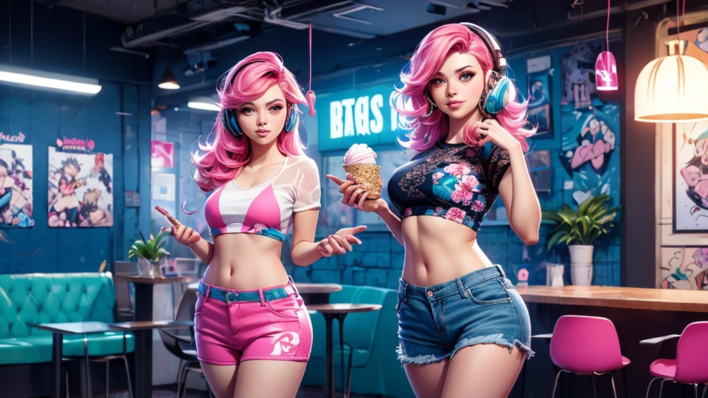 A woman with pink hair and with headphones on and blue shorts posing in front of flowers, Background, In chic boho style, in a café, Ice cream print, multi-colored neon lights, neon garlands, Pink lavender mint hair, mixed-language_SMS, Japanese graffiti, (beautiful and clear background:1.2),, fantastic paintings ,graffit style, olhos altamente detalhados , Underwear, lace, latex, blonde girl, Cat Print, tattoo, Loving, Love, ultra detailed hair, Masterpiece, Best Quality, hig quality, high-resolution, detail enhancement, ((most beautiful image in the world)), Masterpiece, Best Quality, hig quality, high-resolution, detail enhancement, ((most beautiful image ), Shiny pink degrade hair, ultra short fitted Stampa Flores, Rollers, tights in a mesh, Short denim shorts, art by stjepan sejic, art by j scott campbell, art by guillem march, art by citemer liu, 4k, high-resolution, comic book character, comic, high quality detailed, style of ::2.0 comix illustration style,tatoon style, hig quality, high-resolution, detail enhancement, 8K, HD, Best Quality, hig quality, high-resolution, detail enhancement, 8K, HDR, Sharp focus, Ultra Detailed, Perfect lighting, Curvy Body, Lush breasts, Curvy hips, beautiful wallpaper, high quality desktop wallpaper, background artwork, pc wallpaper, anime background, tropical beach paradise, wallpaper hd, 8K image quality, Masterpiece