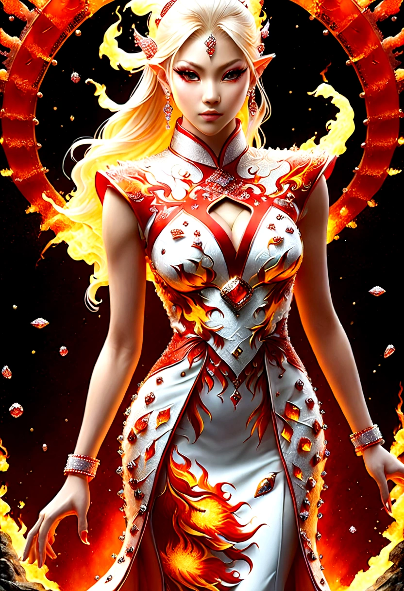 high details, best quality, 16k, [ultra detailed], masterpiece, best quality, (extremely detailed), full body, ultra wide shot, photorealistic, fantasy art, dnd art, rpg art, realistic art, an ultra wide picture of a female elf (intricate details, wearing fiery (white Cheongsam studded with red diamonds: 1.5), Masterpiece, best quality: 1.5) goddess of fire ((fiery radiant aura)), controlling a swirling red fire, fiery red radiant magic (1.5 intricate details, Masterpiece, best quality), manipulating purple radiant magical symbols, [[divine symbols]] (intricate details, Masterpiece, best quality: 1.5), elf female, (blond hair: 1.3), long hair, hair with aura, with red radiant eyes, intense eyes, ((radiant eyes)), (( red glowing eyes)), she wears Cheongsam with fiery patterns,  the fire leaps from the Cheongsam, fantasy volcano back ground, streams of lava, celestial background, ((divine worship atmosphere)), high details, best quality, highres, ultra wide angle, faize, diam0nd