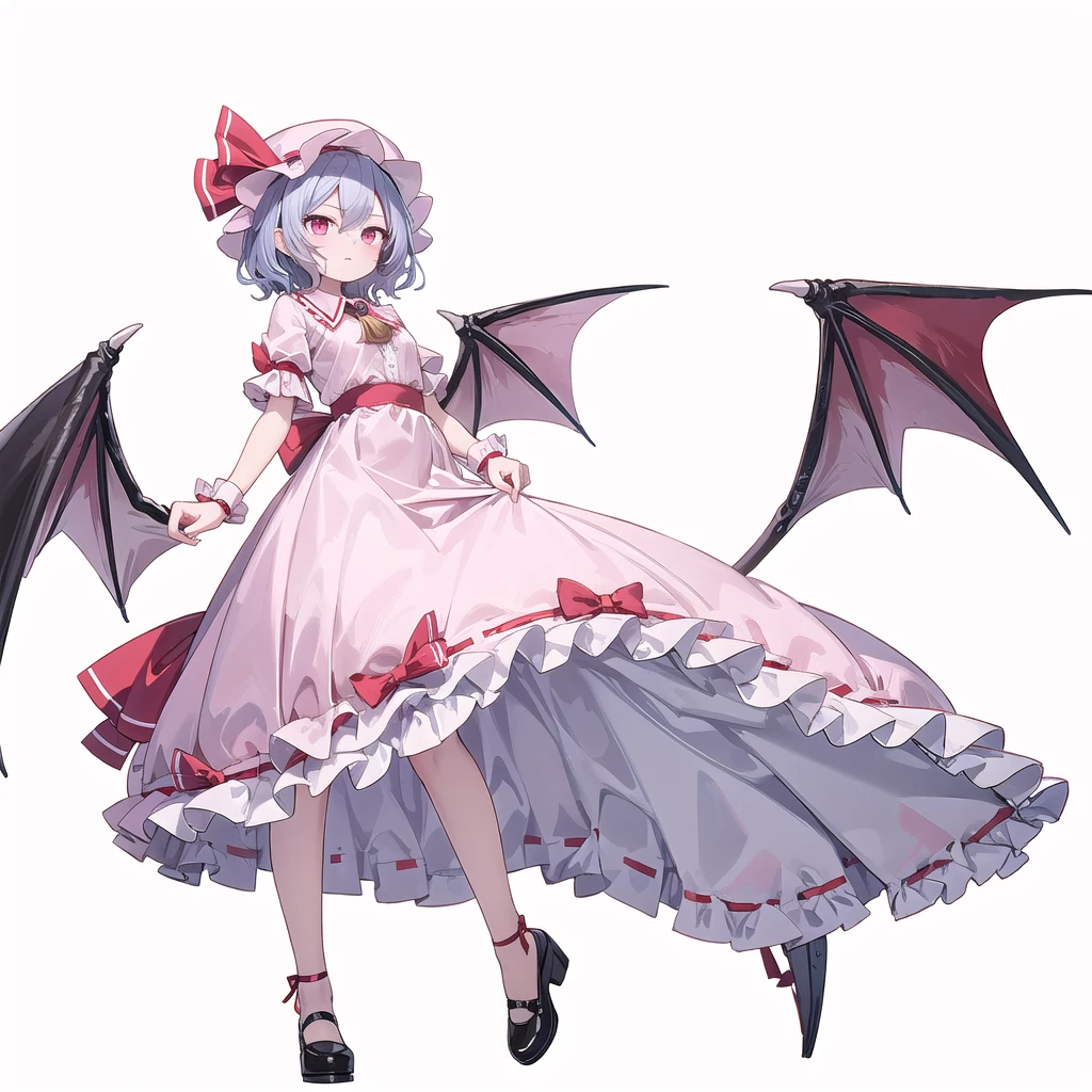 (((one women))),(((remilia scarlet))),(touhou), red eyes, short hair, purple hair, light purple hair, blue hair, slit pupils, fang, bat wings, white headwear, pink headwear, mob cap, white shirt, pink shirt, collared shirt, frilled shirt collar, red ascot, puffy short sleeves, frilled sleeves, wrist cuffs, white skirt, pink skirt, skirt set, frilled skirt, red ribbon, hat ribbon, waist bow, red bow, brooch, holding,(((full body))),(((model posing))),(((white background))),(((Angle from below)))