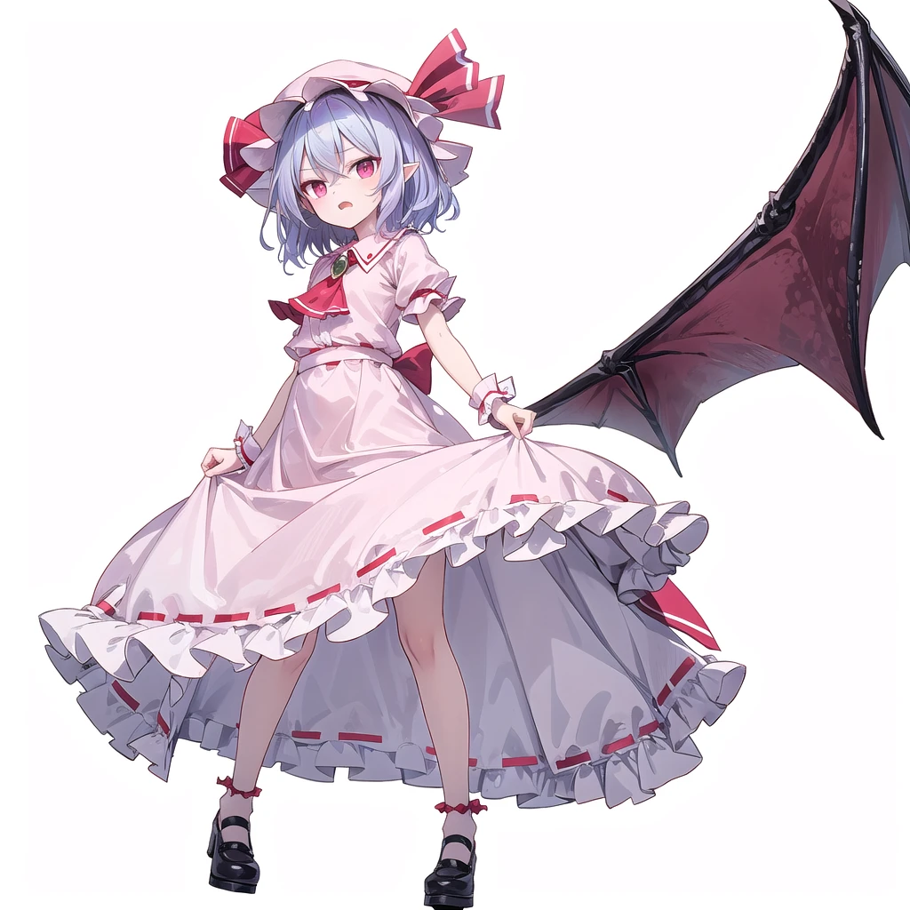 (((one women))),(((remilia scarlet))),(touhou), red eyes, short hair, purple hair, light purple hair, blue hair, slit pupils, fang, bat wings, white headwear, pink headwear, mob cap, white shirt, pink shirt, collared shirt, frilled shirt collar, red ascot, puffy short sleeves, frilled sleeves, wrist cuffs, white skirt, pink skirt, skirt set, frilled skirt, red ribbon, hat ribbon, waist bow, red bow, brooch, holding,(((full body))),(((model posing))),(((white background))),(((Angle from below)))