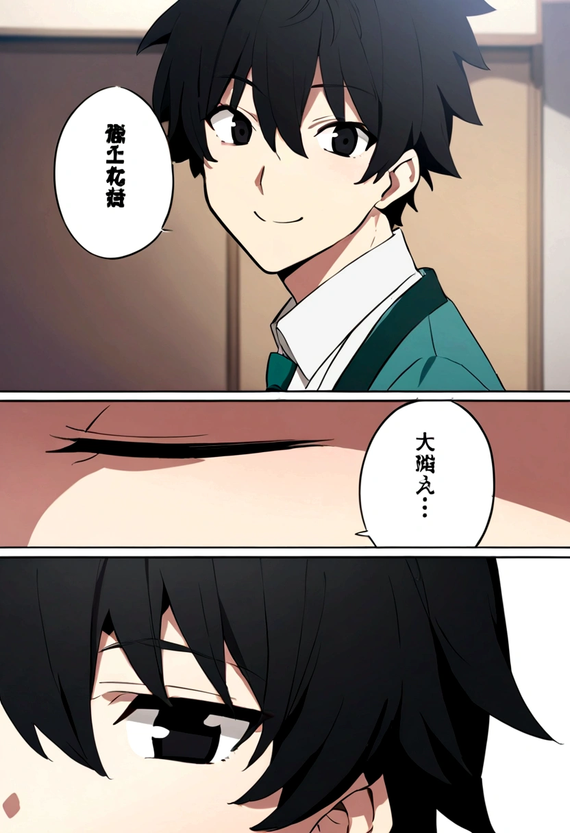 comics, anime, A refreshing high school student, Black Hair, 日本anime風, Japanese high school boys, Black eyes, Background white, smile