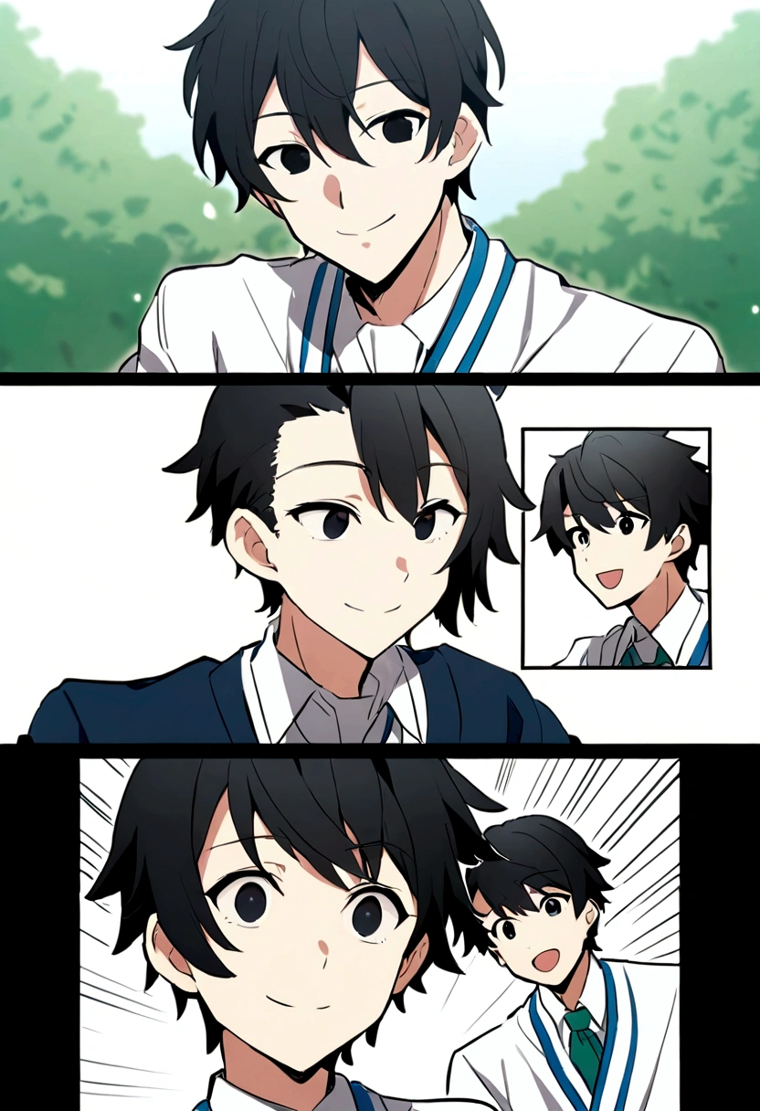 comics, anime, A refreshing high school student, Black Hair, 日本anime風, Japanese high school boys, Black eyes, Background white, smile