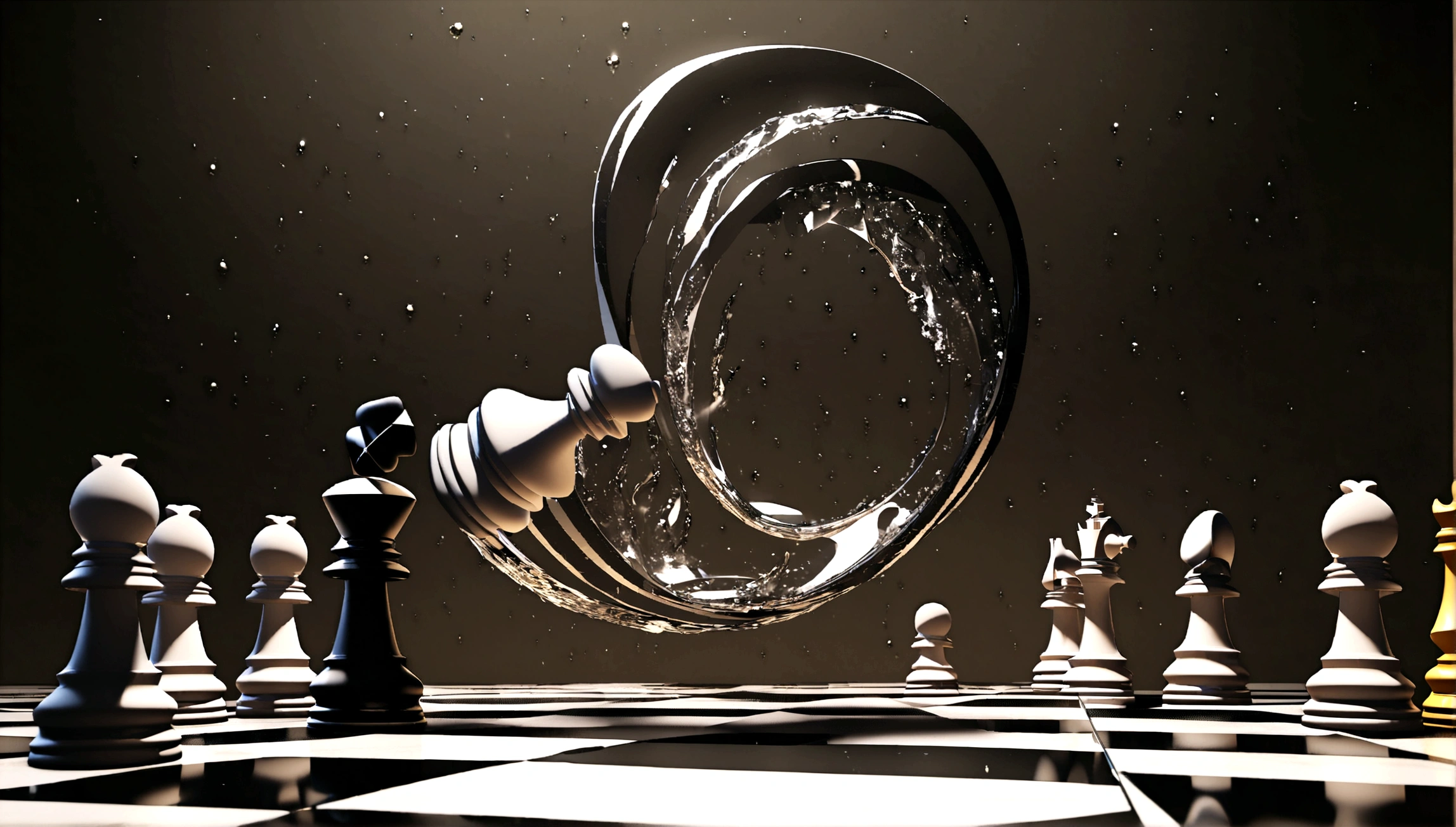 Play chess,Game,Chess pieces floating,3D rendering effect,The chessboard is flipped and suspended,The Mysterious Universe,The picture is full