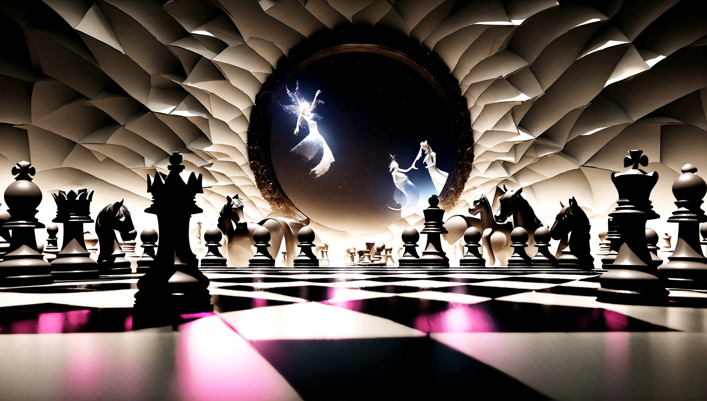 Play chess,Game,Chess pieces floating,3D rendering effect,The chessboard is flipped and suspended,The Mysterious Universe,The picture is full