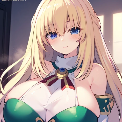 8k, 4k, intricate details, cinematic lighting, stunning environment, ornate, (realistic:0.9), detailed face, detailed eyes, detailed shadows, 1girl, curvy, blonde hair, blue eyes, blush, breasts, huge breasts, long hair, looking at viewer, white pantyhose, green and white dress, smile, solo, (vert_/neptune series/:1.1), very long hair, white gloves, white pantyhose, 