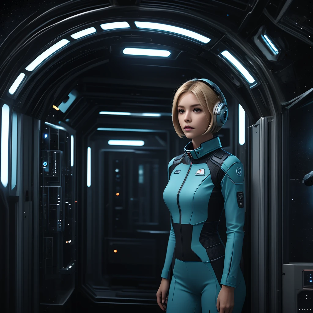 (masterpiece:1.4),(best quality,photorealistic), A beautiful Blonde woman with short hair, 38 years old, she is wearing a full length Teal space suit, she has perfect hands and face, ((she is standing in the door way of a giant space ship)), there computers and flight controls, and exclusive, Luxury, you can see a moon out of the window, space nebulas, planets, control panel, she is sitting in a large space,