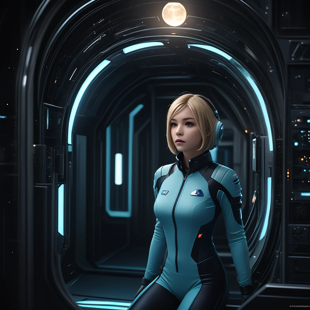 (masterpiece:1.4),(best quality,photorealistic), A beautiful Blonde woman with short hair, 38 years old, she is wearing a full length Teal space suit, she has perfect hands and face, ((she is standing in the door  way of a giant space ship)), there computers and flight controls, and exclusive, Luxury, you can see a moon out of the window, space nebulas, planets, control panel, she is sitting in a large space,