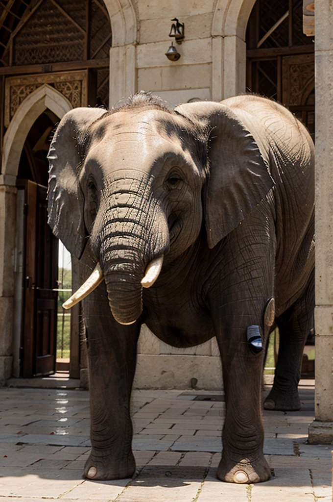 Smiling elephant with mosque background