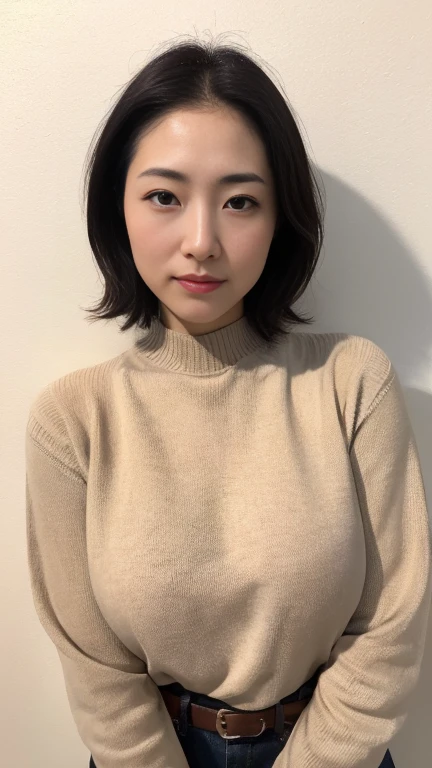 high quality,masterpiece,Ultra-high resolution,(Realistic:1.4),Beautiful lighting, (Highly detailed CG Unity 8k wallpaper), Beautiful face in every detail,Detailed clothing, 50mm portrait photography, No background、One Girl,Big black eyes, cute, young, stop temporarily, Facial Lighting, Physically Based Rendering,Written boundary depth , Black Hair, (short hair), ((Take from above)), Japanese women、20-year-old、(Beige long sleeve knit)、(Big Breasts)、(Upper Body)、Beautiful young woman taking a selfie, Taken with iPhone camera、In front of a white wall、Selfie