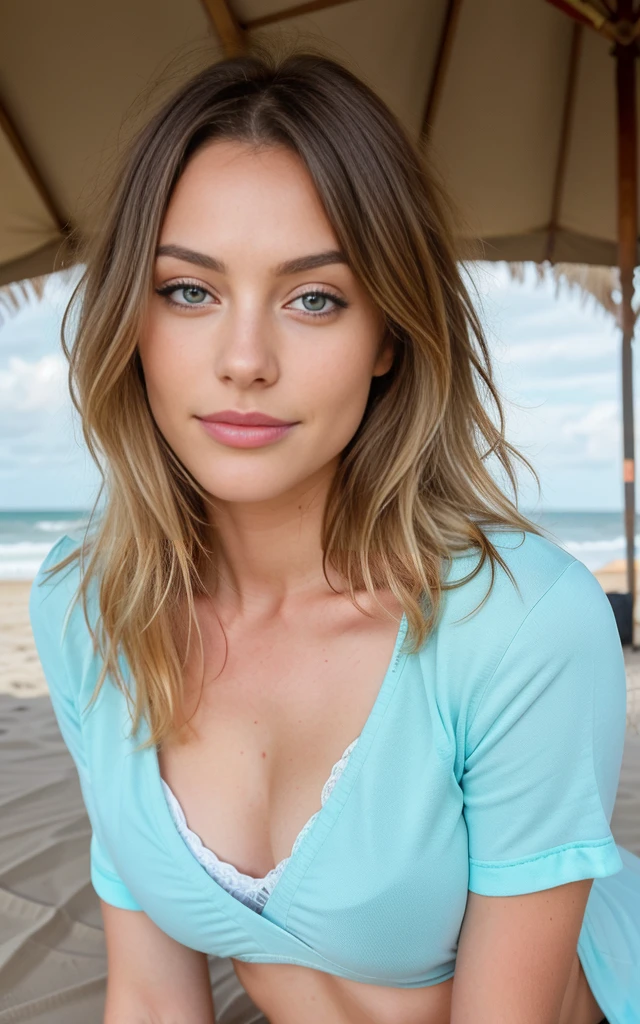 Selfie shot belle fille russe brune aux reflets blonds, Corps complet, to the beach, porter maillot de bain ,vacances à la la plage ,cool, sand beach, real life nature, very detailed, 21 ans, Visage innocent, natural wavy hair, blue eye, high resolution, head of'artwork, best quality, complex and high level of detail, very detailed, sharpness, detailed skin, realistic skin texture, texture, detailed eyes, professionnel, 4K, charming smile, prise avec Canon, 85mm, Light depth of field, Kodak Vision Color, corps parfaitement ajusté , extremely detailed, Photo_\(ultra\), fotorealistic, realistic, post-traitement, maximum details, roughness, real life, shot with Kodak Gold 400