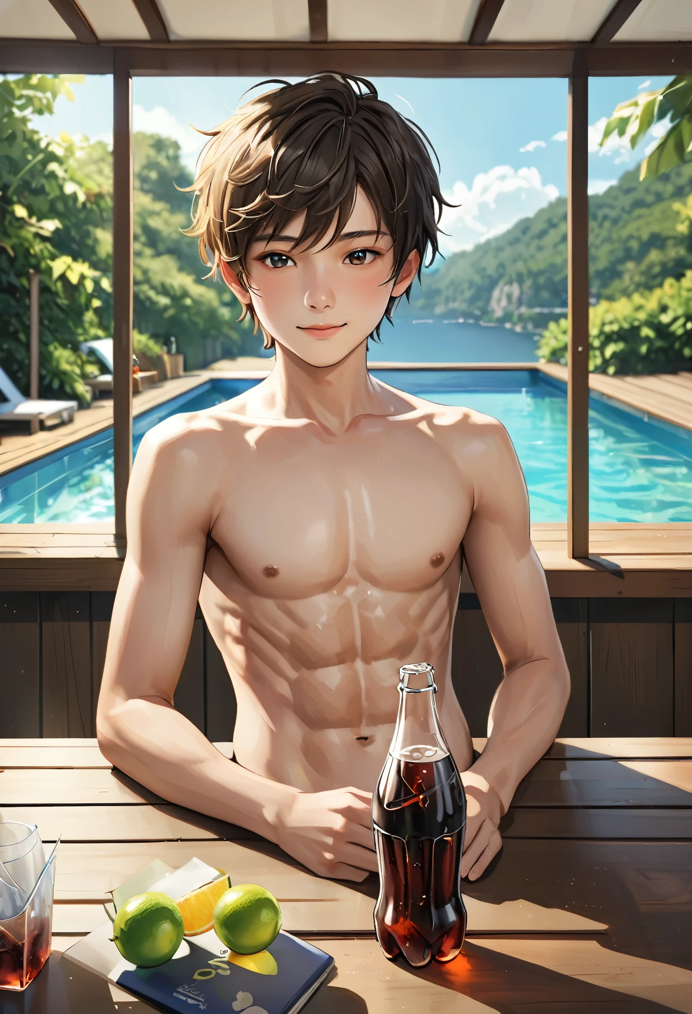 Realistic, a glass bottle of soda, on the table, summer noon, a 14 y/o idol boy, --no shirt, abs, (smile:0.7)